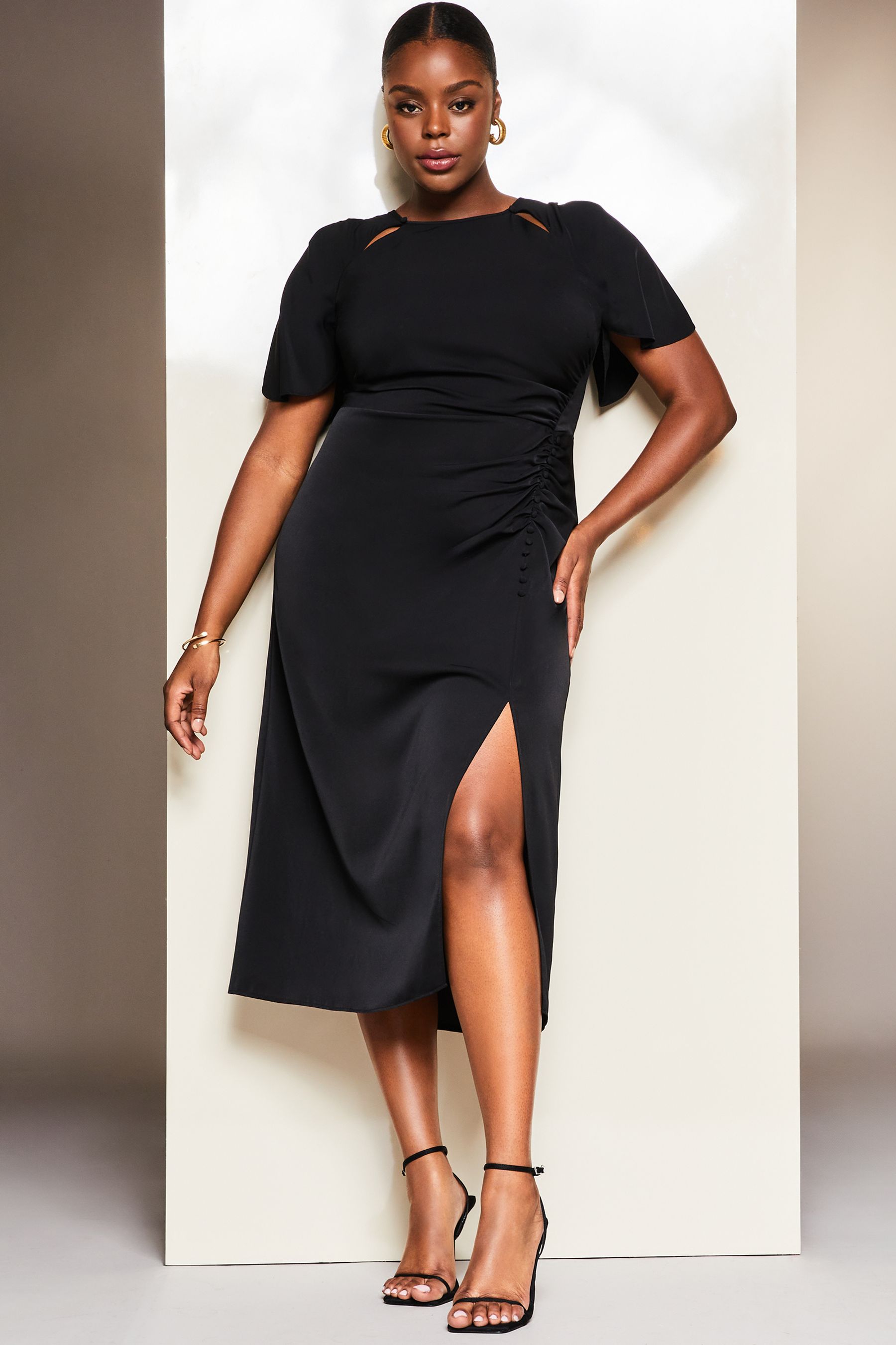 Lipsy Black Curve Ruched Button Front Sleeved Midi Dress