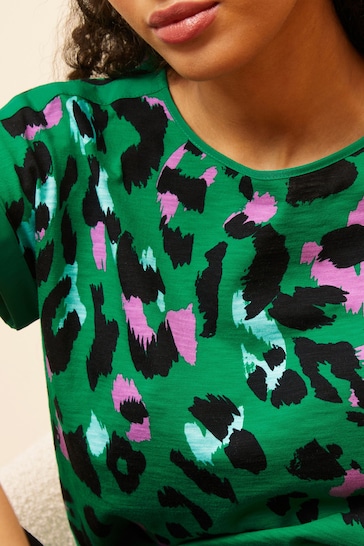 Love & Roses Green Animal Crew Neck Woven Trim Linen Look Jersey T-Shirt