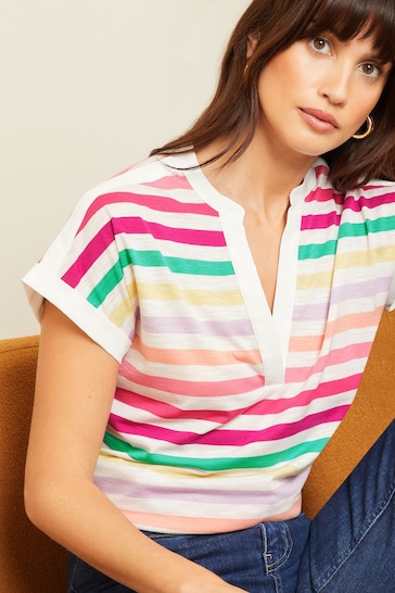 Love & Roses Ivory White Rainbow Stripe Jersey V Neck Woven Trim Shorts Sleeve T-Shirt