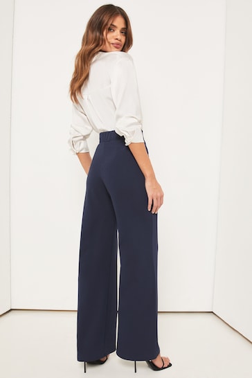 Lipsy Navy Blue Twill High Waist Wide Leg Tailored Trousers