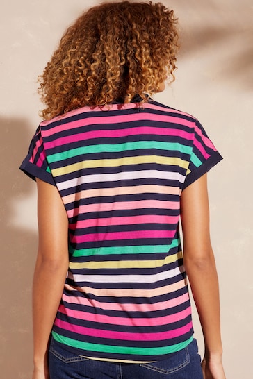 Love & Roses Navy Blue Rainbow Stripe Jersey V Neck Woven Trim Shorts Sleeve T-Shirt