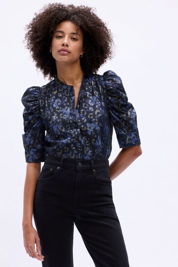 Buy Gap Blue Print Short Puff Sleeve Blouse from the Next UK online shop