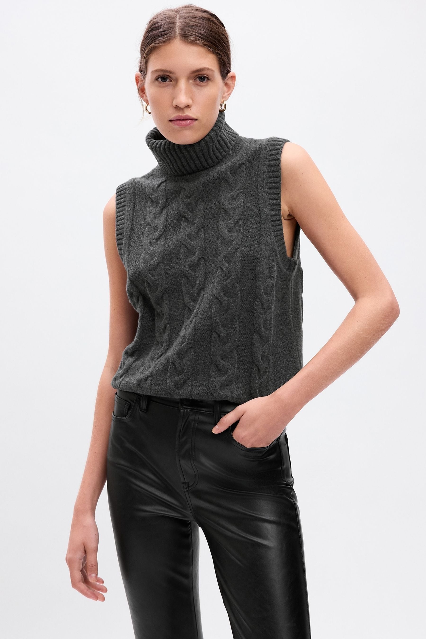 Buy Gap Grey Cable Knit Turtle Neck Sleeveless Jumper from the