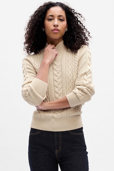 Gap Cream Relaxed Cable Knit Mock Neck Jumper