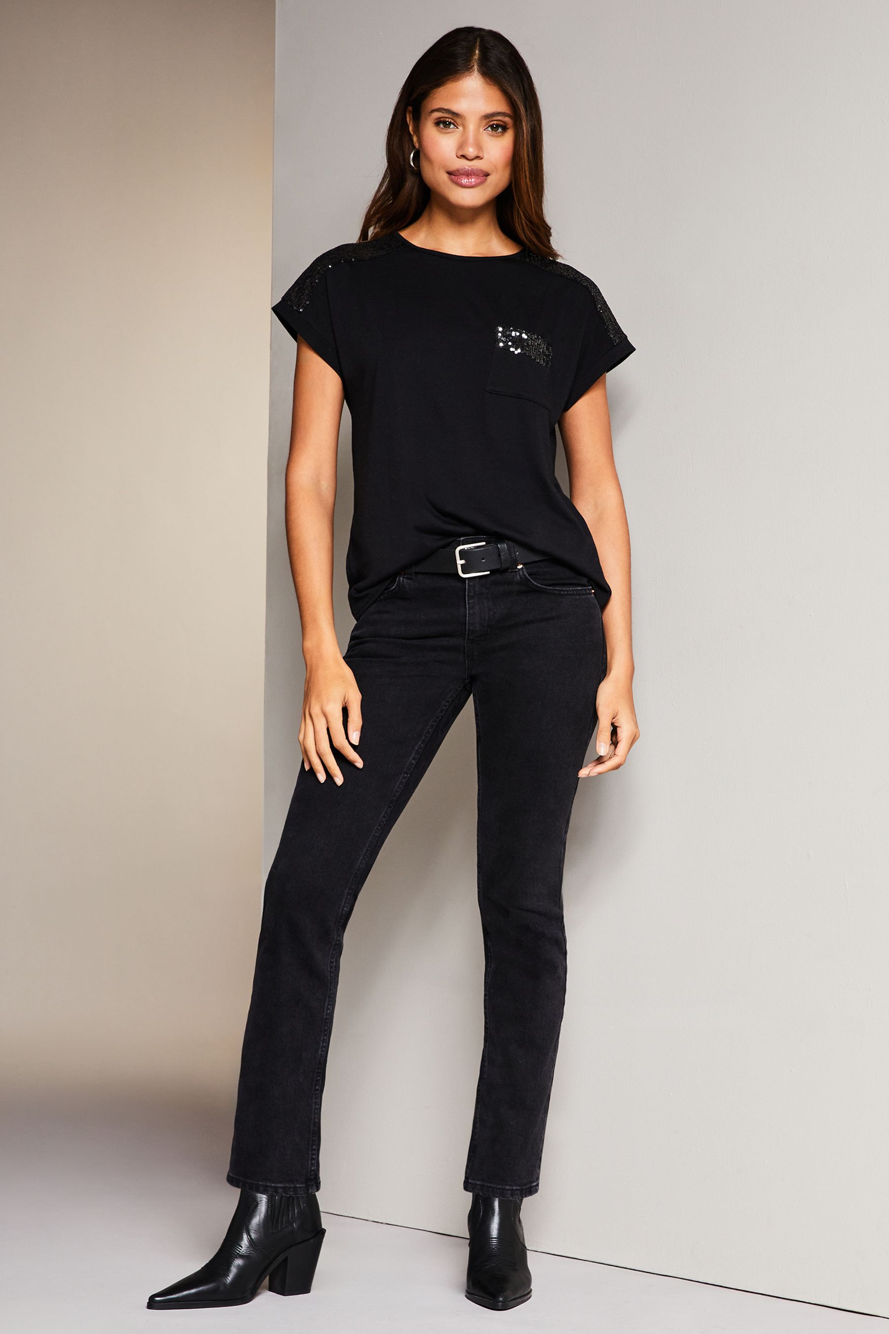 Lipsy Black Sequin Shoulder Detail T Shirt