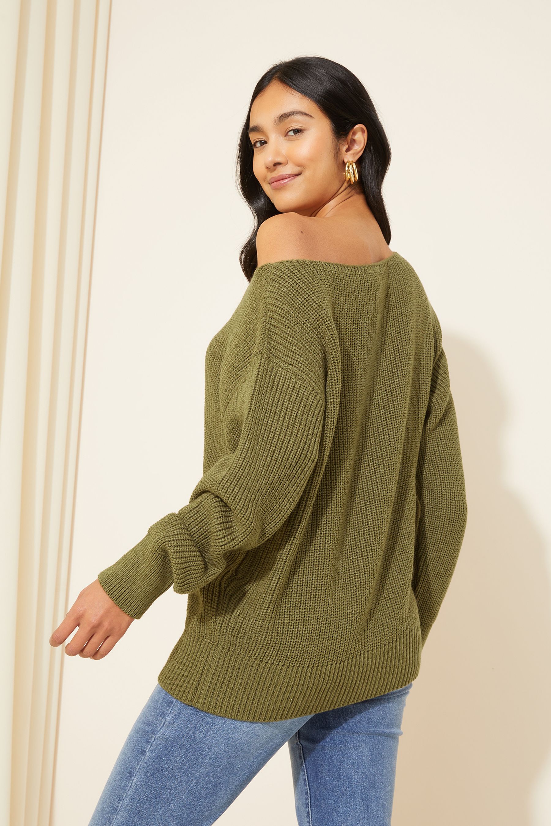 Olive green off the top shoulder sweater