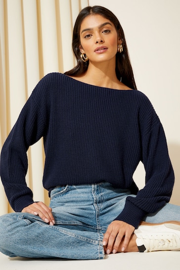 Friends Like These Navy Blue Off The Shoulder Jumper