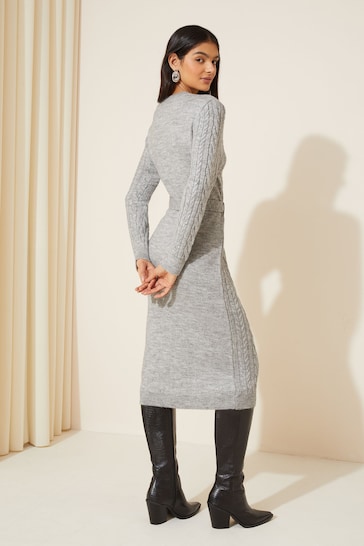 Friends Like These Grey Petite Cable Knit Belted Midi Jumper Dress