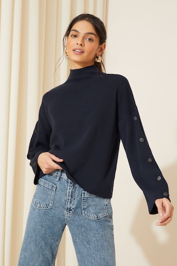 Friends Like These Navy Blue Wide Sleeve Button Funnel Neck Knit Jumper