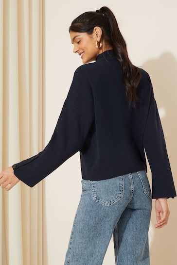 Friends Like These Navy Blue Wide Sleeve Button Funnel Neck Knit Jumper