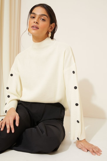 Friends Like These Cream Wide Sleeve Button Funnel Neck Knit Jumper