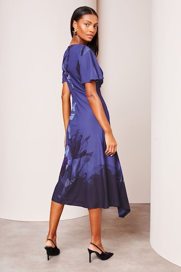 Lipsy Navy Floral Ruched Asymmetrical Flutter Sleeve Midi Dress