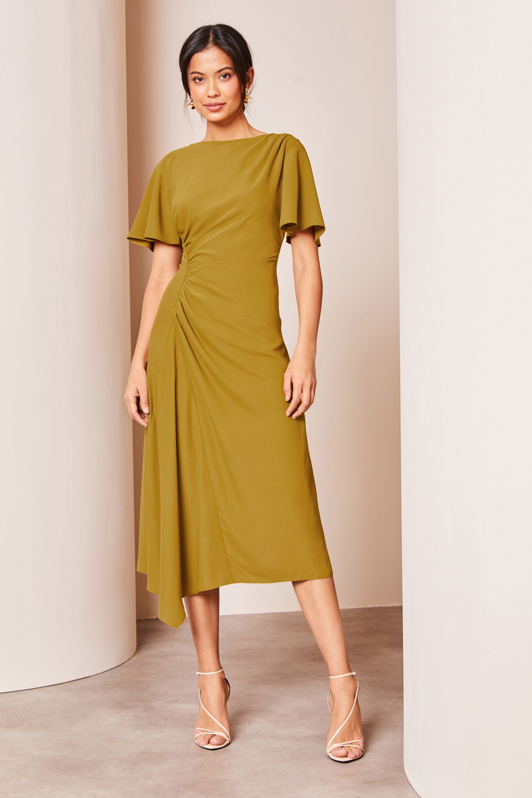 Buy Lipsy Green Ruched Asymmetrical Flutter Sleeve Midi Dress from