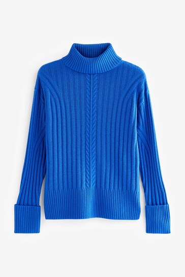Pure Collection Blue Cashmere Wool Chunky Roll Neck Jumper