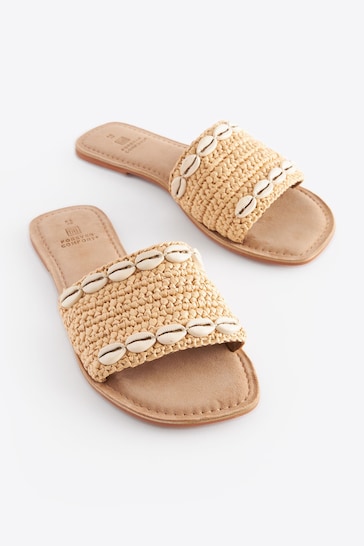 Neutral Regular/Wide Fit Forever Comfort® Raffia Mules With Shell Detail