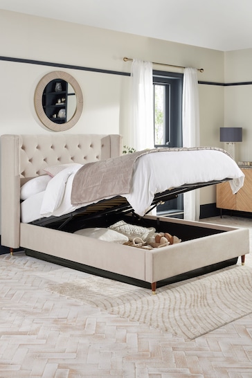 Soft Velvet Natural Pebble Grayson Upholstered Ottoman Storage Bed Frame
