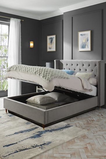 Soft Velvet Mid Grey Grayson Upholstered Ottoman Storage Bed Frame