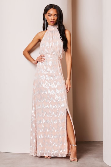 Lipsy Blush Pink Bridesmaid Halter Lurex Metallic Split Maxi Dress