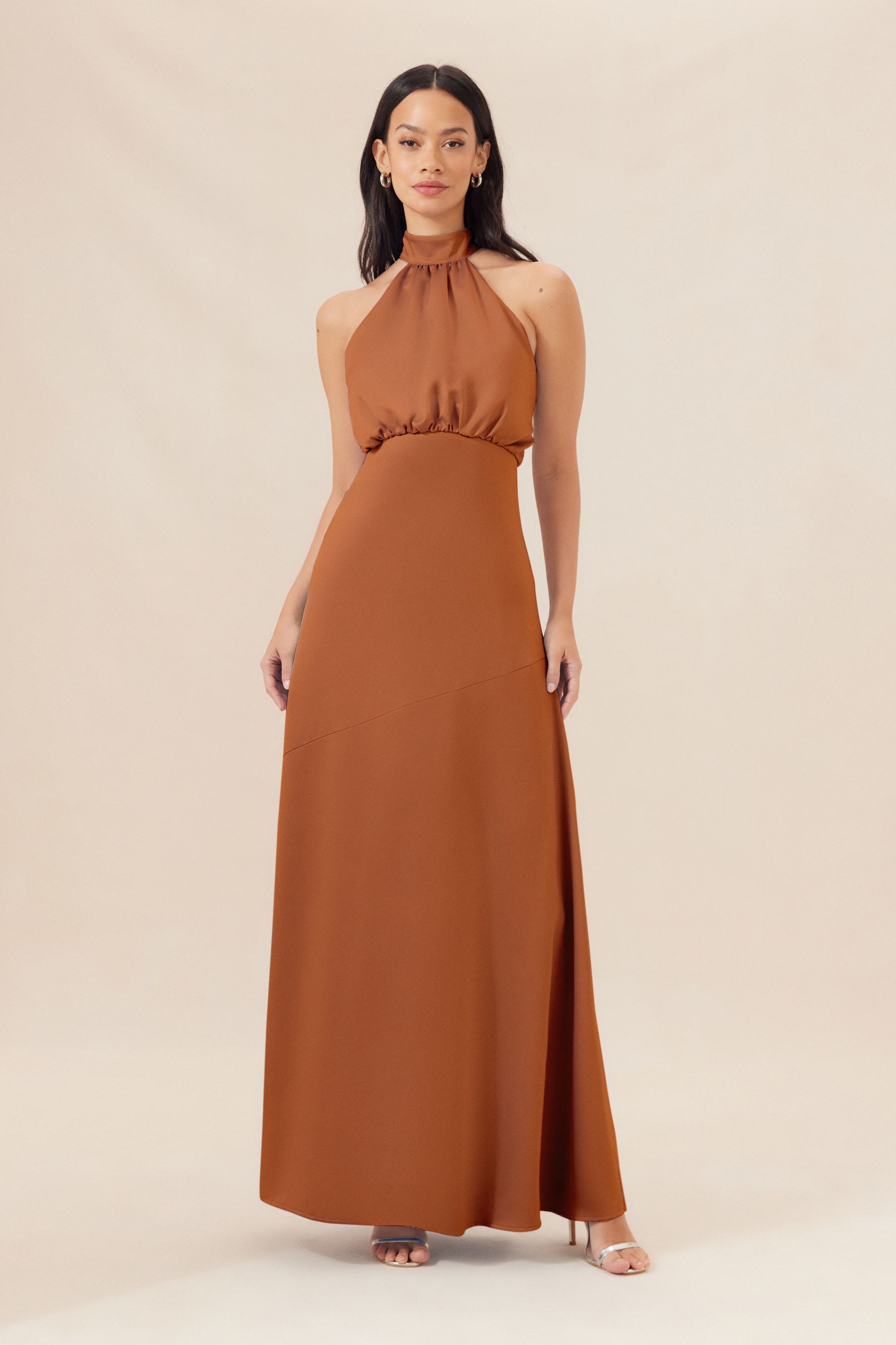 Buy Lipsy Rust Brown Halter Neck Empire Bridesmaid Satin Maxi Dress from the Next UK online shop