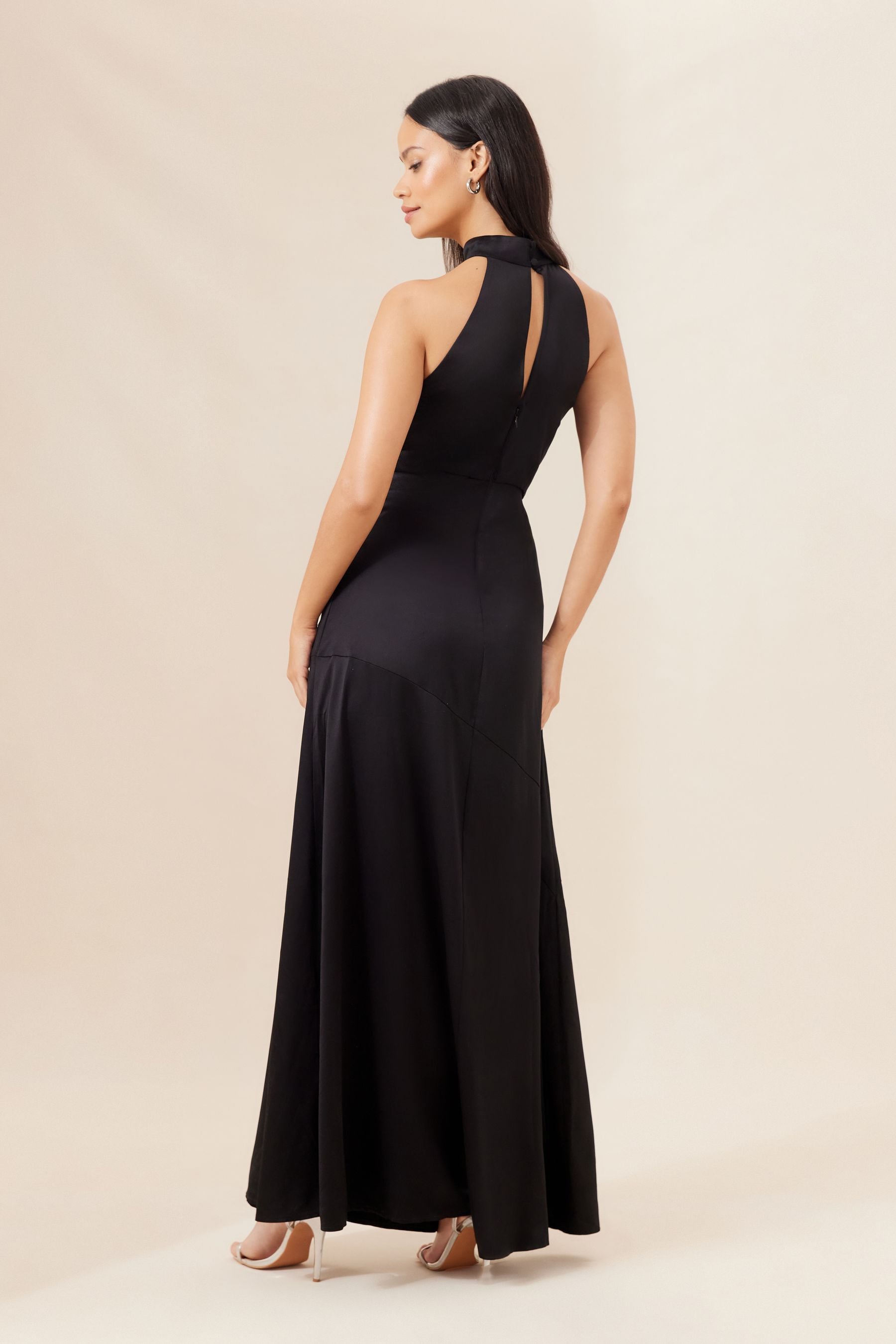 Lipsy Black Halter Neck Empire Bridesmaid Satin Maxi Dress