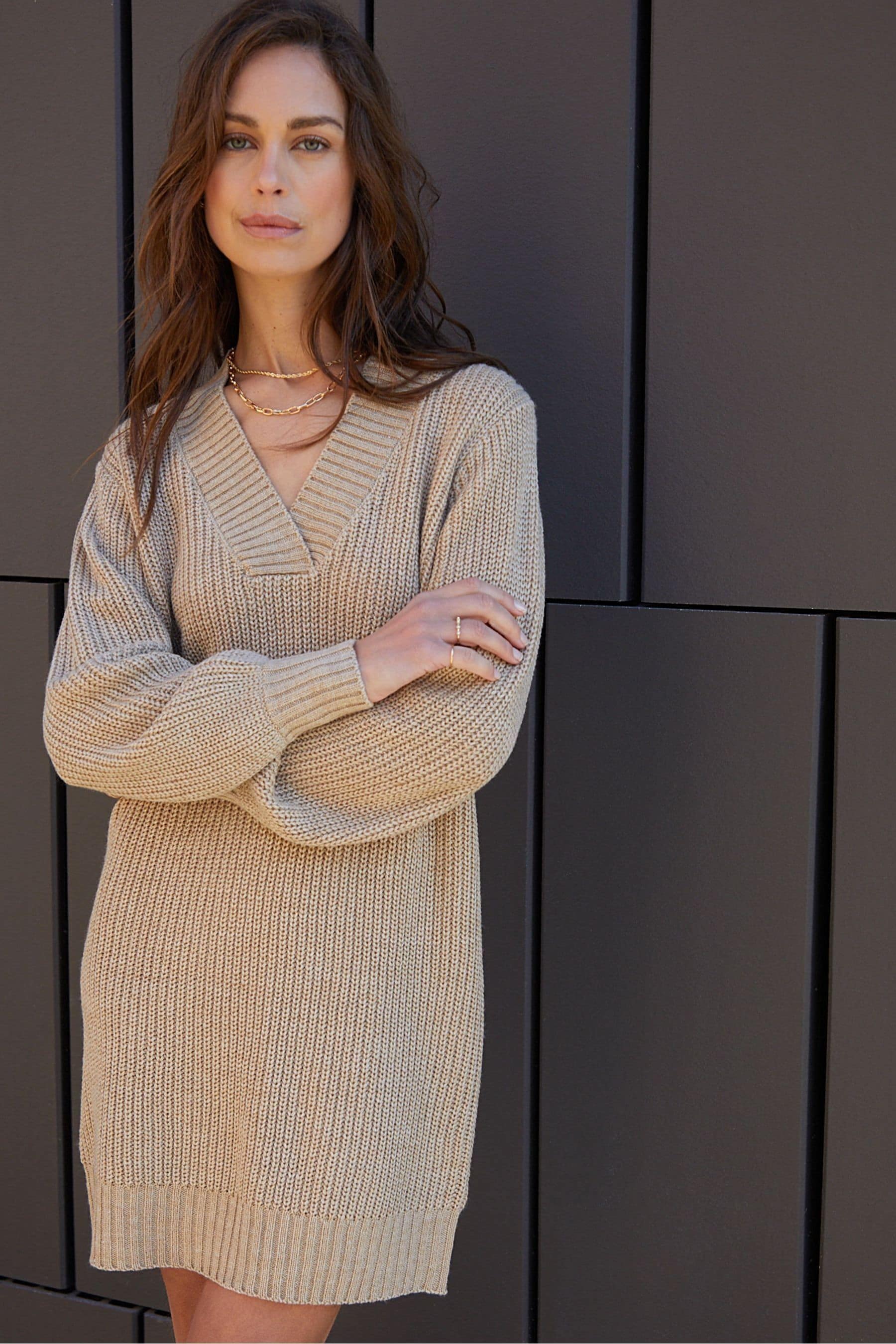 Buy Threadbare Brown Petite V Neck Knitted Jumper Dress from the