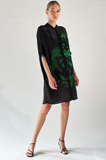 Religion Green Floral Print Loose Fitting Tunic Shirt Dress