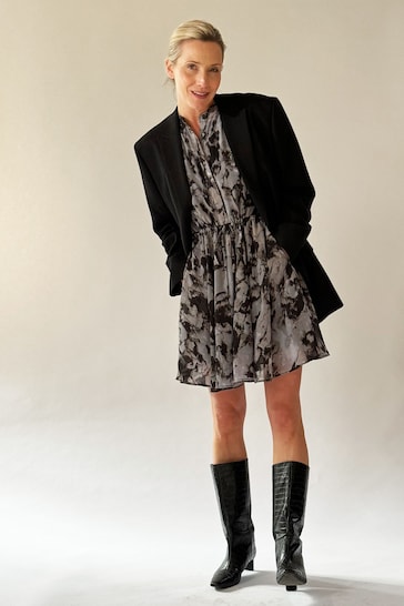 Religion Grey A-Line Shirt Dress With Pockets And Long Sheer Sleeves
