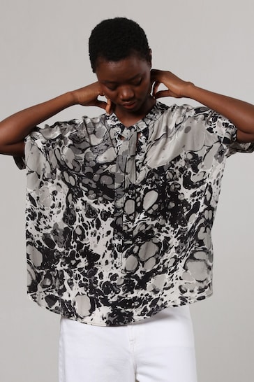 Religion Black/Grey Oversized Hidden Blouse In Abstract Print With Neck Tie