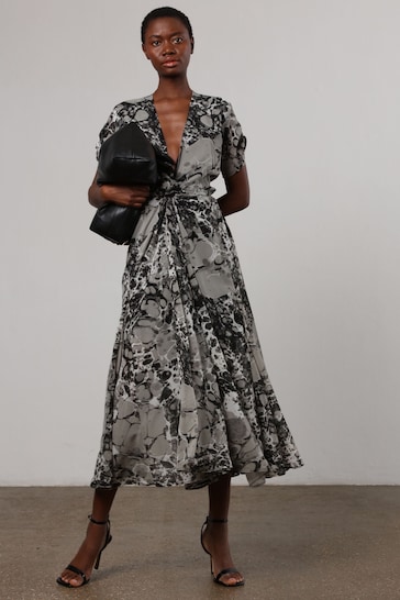 Religion Black & Grey Marble Print Wrap Dress With Full Skirt