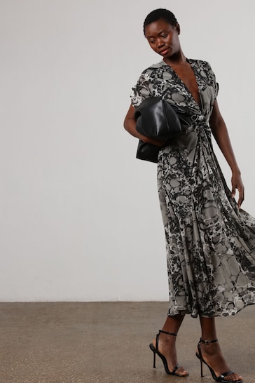 Religion Black & Grey Marble Print Wrap Dress With Full Skirt
