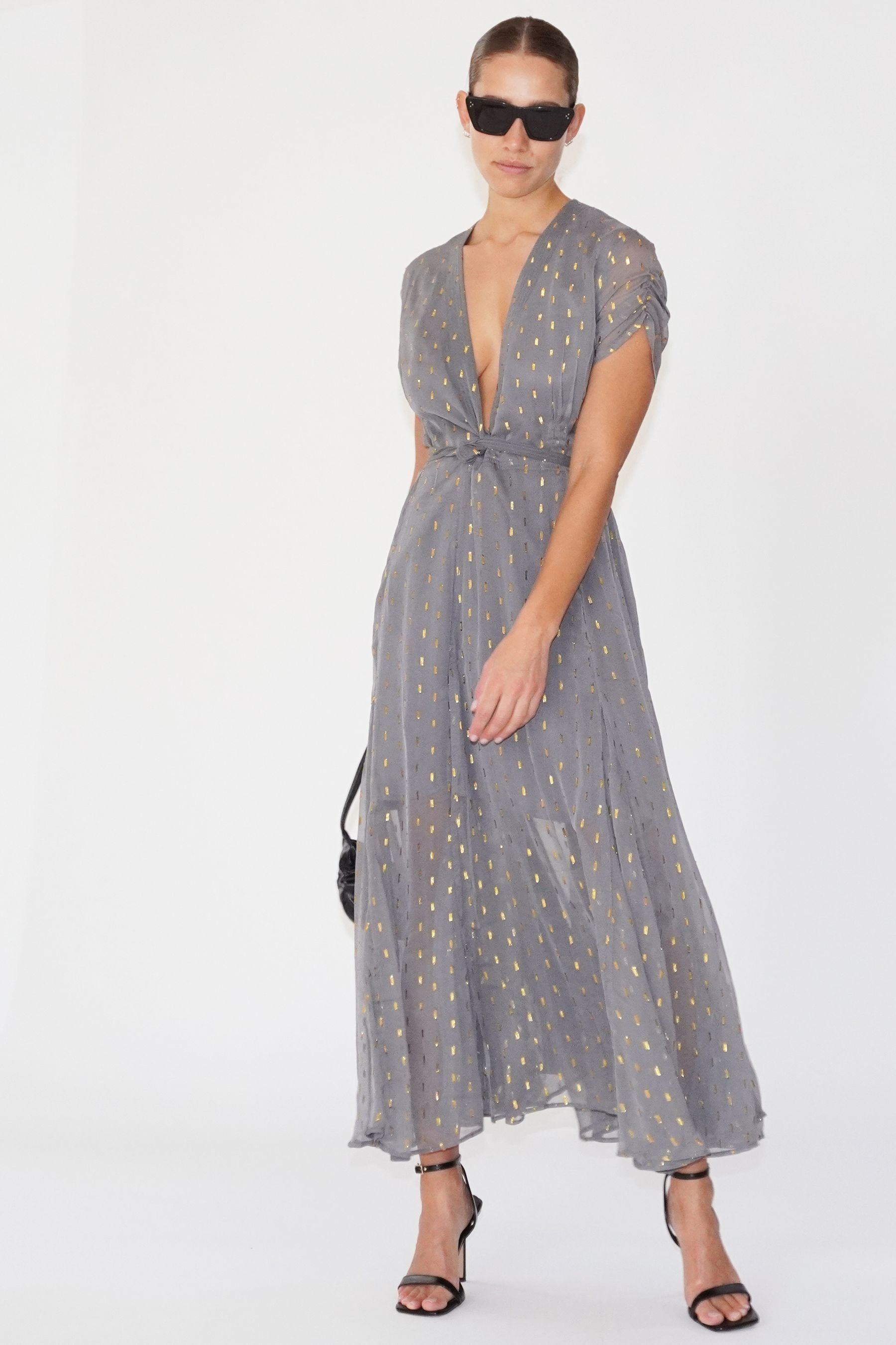 Religion Grey Wrap Maxi Dress With Full Skirt In Grey Dot On Grey