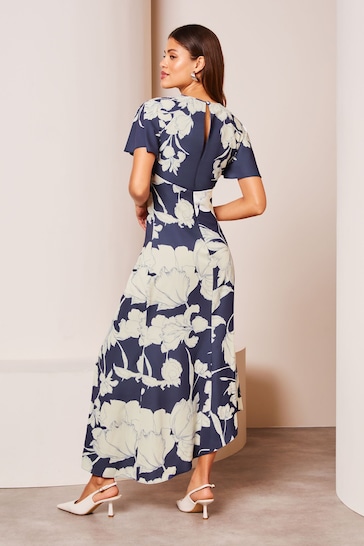 Lipsy Navy Floral Ruched Front Keyhole Cut Out Asymmetrical Midi Dress