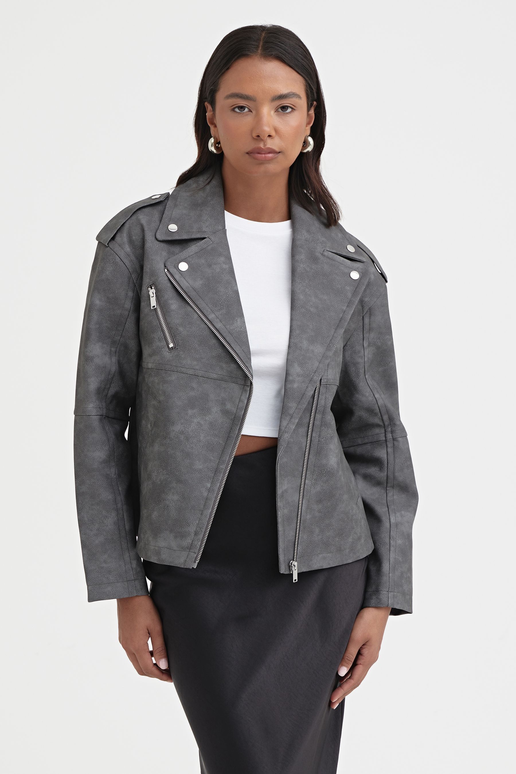 Buy 4th & Reckless Grey Moto Faux Leather Biker Jacket from the