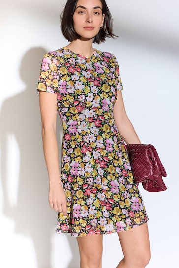 Multi Bright Floral Mesh Corset Detail Mini Dress