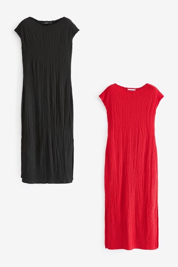 Black/Red Short Sleeve Textured Column Jersey Dresses 2 Pack