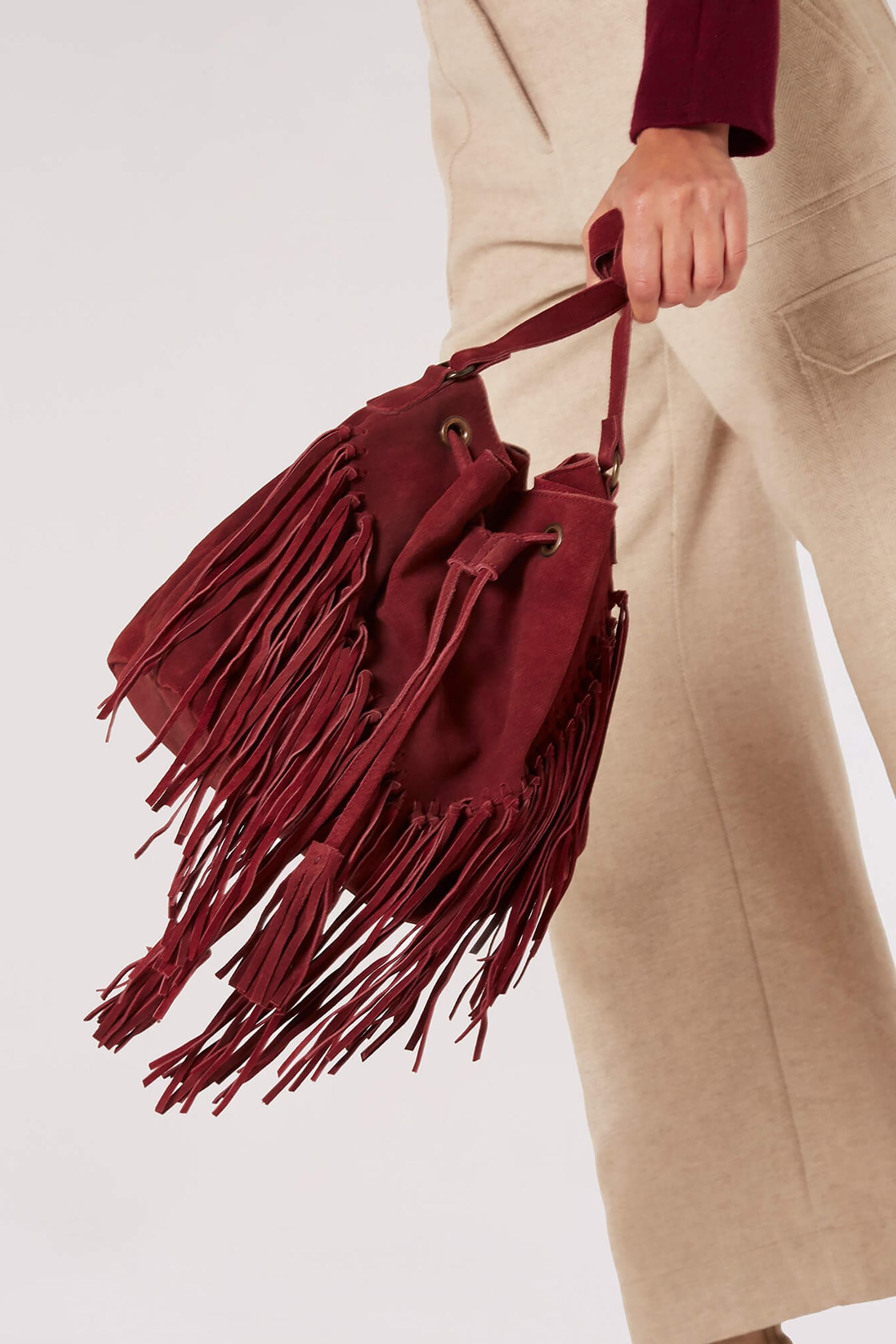 Burgundy suede bucket bag online