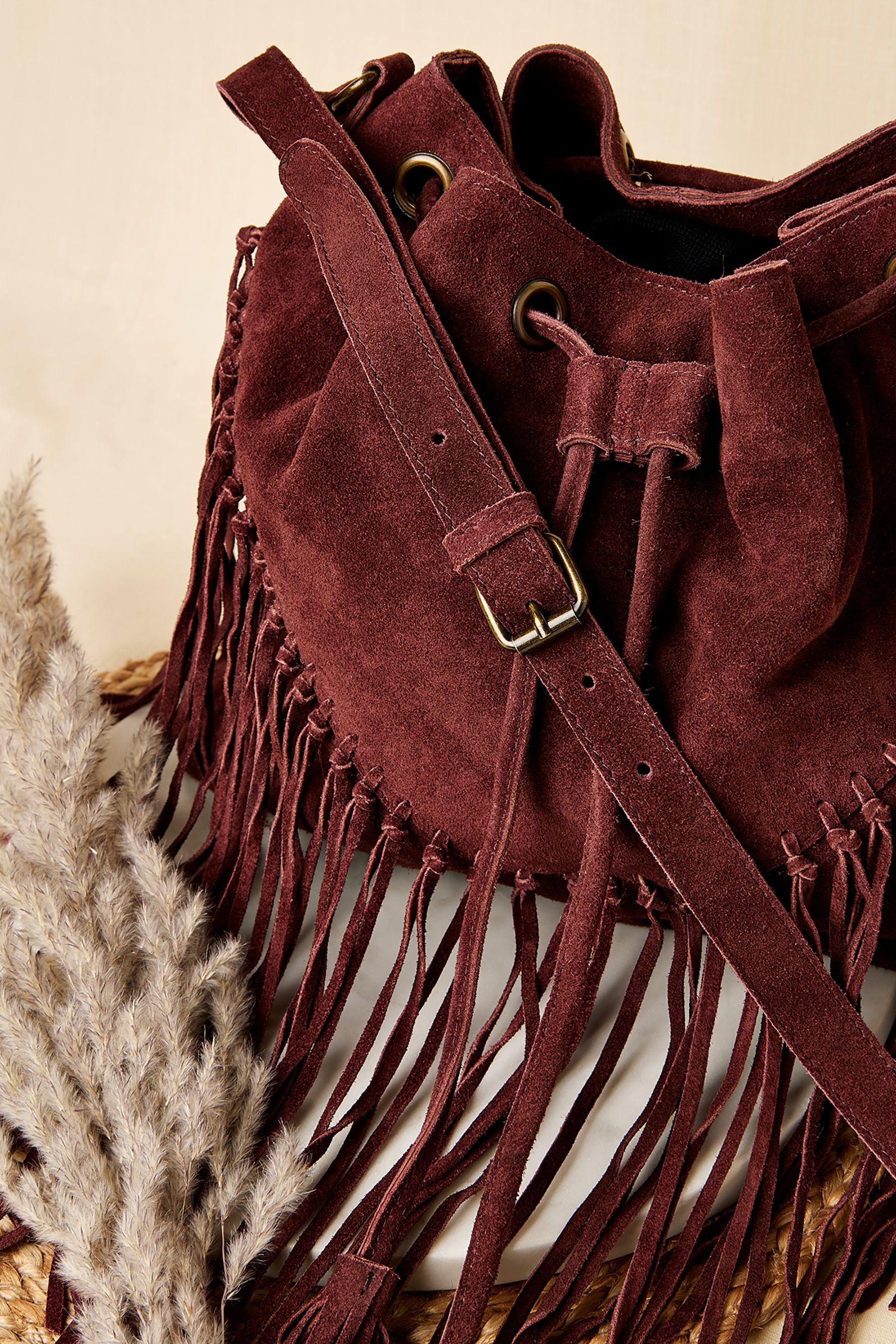 Red suede store bucket bag