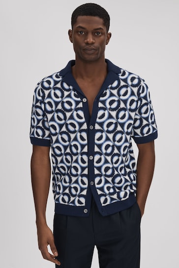 Reiss Navy Frenchie Crochet Cuban Collar Shirt