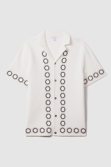 Reiss White Decoy Knitted Cuban Collar crop Shirt