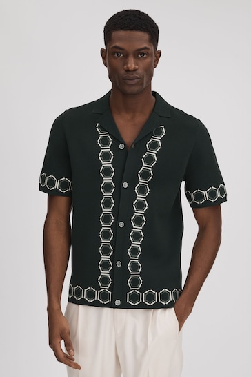 Reiss Hunting Green Decoy Knitted Cuban Collar Shirt