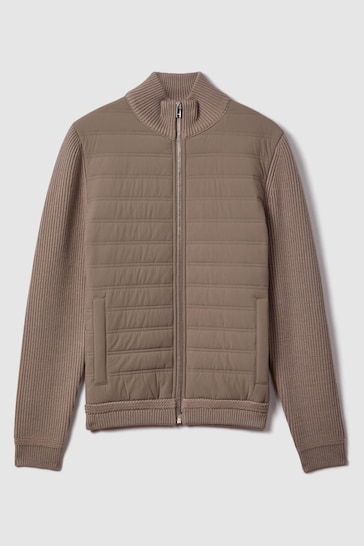 Reiss Mink Southend Hybrid Quilt and Knit Zip-Through Jacket