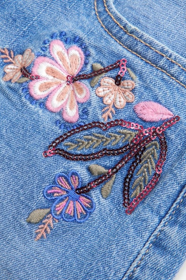 Abercrombie & Fitch Blue Floral Embroidered Tie Waist Denim Skirt
