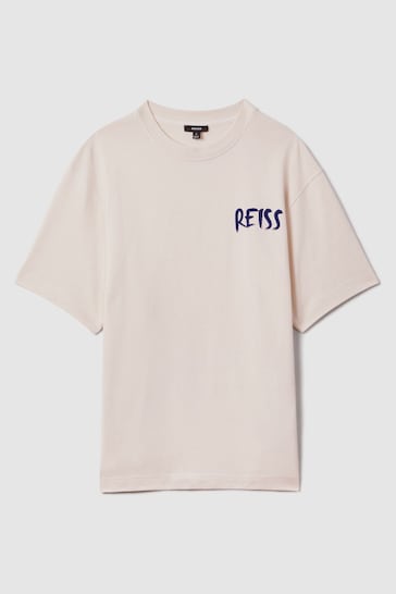 Reiss Ecru/Blue Abbott Cotton Motif T-Shirt