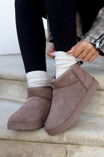 Linzi Mocha Brown Mini Addy Faux Suede Faux Fur Lined Ankle Boots