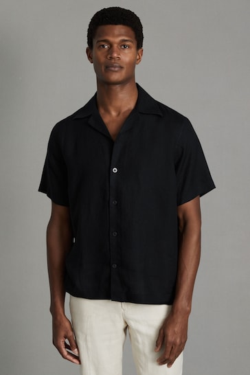 Reiss Black Beldi Relaxed Linen Cuban Collar Shirt