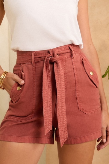 Love & Roses Red Belted Cotton Twill Utility Shorts