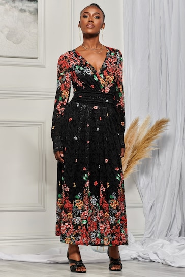Jolie Moi Multi Lilah Symmetrical Print Lace Maxi Dress