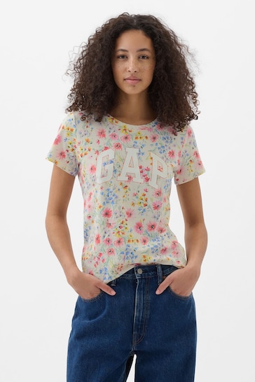 Gap Pink Fitted Floral Logo Short Sleeve Crew Neck T-Shirt