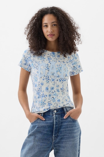 Gap Blue Fitted Floral Logo Short Sleeve Crew Neck T-Shirt