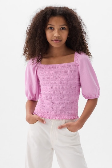 Gap Pink Puff Sleeve Square Neck Smocked Top (4yrs-13yrs)